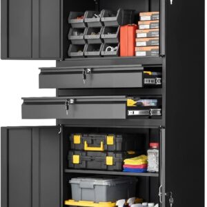 VEVOR Armario Metálico para Garaje 76 x 38 x 190,5 cm con Ruedas, 4 Puertas, 2 Cajones, Cerradura, Estantes Ajustables, Capacidad de Carga 81,5 kg por Estante para Taller Oficina Almacenamiento Hogar