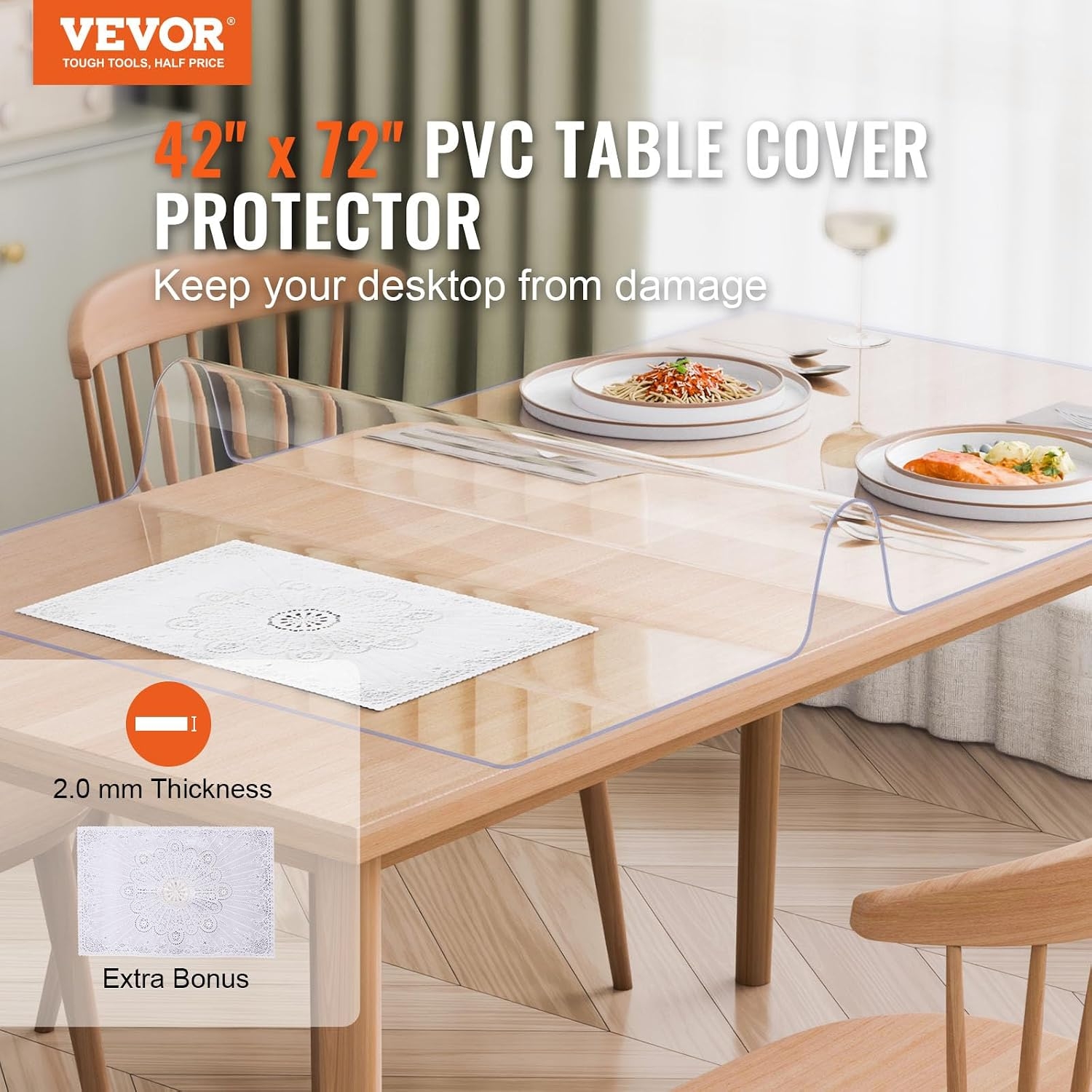 VEVOR Mantel Transparente Rectángulo 91,4 x 137,2 cm Mantel de PVC para Mesa Espesor de 1,5 mm Protector de Mesa de PVC Impermeable Fácil de Limpiar para Oficina, Cocina, Restaurante, Comedor 5 VEVOR Mantel Transparente Rectángulo 91,4 x 137,2 cm Mantel de PVC para Mesa Espesor de 1,5 mm Protector de Mesa de PVC Impermeable Fácil de Limpiar para Oficina, Cocina, Restaurante, Comedor – Vista 5