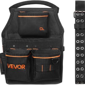 VEVOR Cinturón Portaherramientas de Trabajo, 14 Bolsillos, para Electricistas, Carpinteros y Obreros de la Construcción, con Soporte para Martillo y Herramientas, Ajustable 830 a 1270 mm, Negro