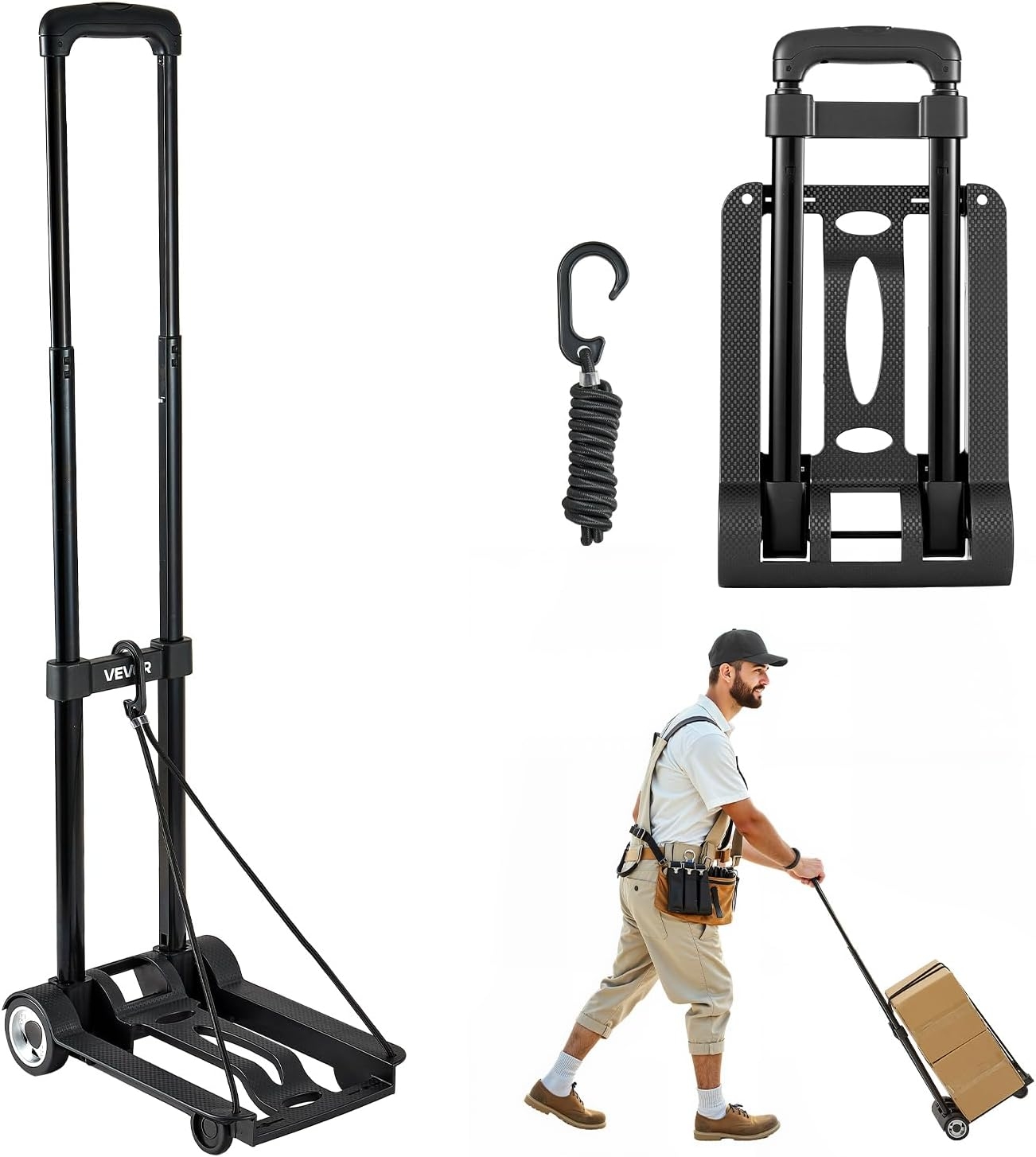 VEVOR Carretilla de Mano Plegable, Carrito de Equipaje Plegable con 2 Ruedas y 1 Cuerda Elástica Carrito de Plataforma Utilitario Carga de 49,9 kg para Equipaje de Viaje, Aeropuerto, Mudanza, Negro 1 VEVOR Carretilla de Mano Plegable, Carrito de Equipaje Plegable con 2 Ruedas y 1 Cuerda Elástica Carrito de Plataforma Utilitario Carga de 49,9 kg para Equipaje de Viaje, Aeropuerto, Mudanza, Negro