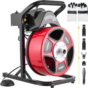 VEVOR Limpiador de Desagües de 15 m x 1,27 cm, con Barrena de Alimentación Manual, 4 Cortadores e Interruptor de Pie Neumático para Tuberías de 5 a 15 cm, 440 x 340 x 550 mm, Color Negro Rojo