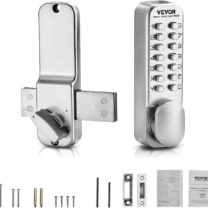 VEVOR Cerradura de Combinación Mecánica con Teclado de Una Cara 14 Teclas, Cerradura de Puerta sin Llave con Perilla Giratoria Adecuado para Puertas de 35 a 65 mm de Grosor para Oficina, Patio, Plata