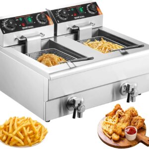 VEVOR Freidora Eléctrica Comercial 2 Tanques 12 L 6000 W Freidora Aceite de Acero Inoxidable con 2 Cestas para Freír Tapas Temperatura Ajustable 50-200 °C