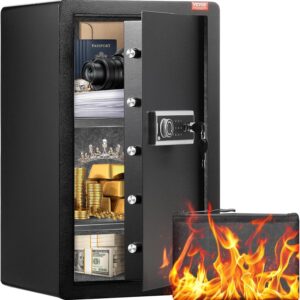 VEVOR Caja de Seguridad de Una Puerta de 113,27 L, con Cerradura con Llave, Contraseña y Huella Dactilar, Caja de Seguridad con Bolsa Ignífuga, Estante para Llaves, Luz LED y 2 Estantes, Negro