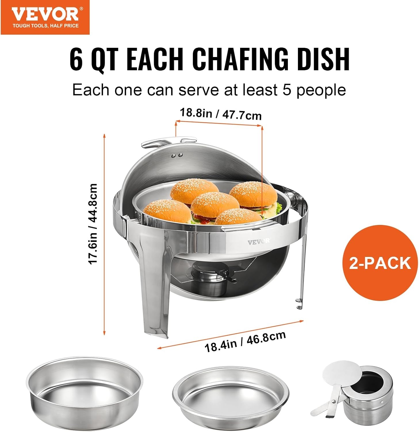 VEVOR Juego de buffet con tapa enrollable, 6 cuartos de galón, 2 unidades, escalfador de acero inoxidable con 2 sartenes de tamaño completo, calentador de catering redondo con tapa 2 VEVOR Juego de buffet con tapa enrollable, 6 cuartos de galón, 2 unidades, escalfador de acero inoxidable con 2 sartenes de tamaño completo, calentador de catering redondo con tapa – Vista 2