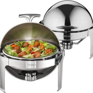 VEVOR Juego de buffet con tapa enrollable, 6 cuartos de galón, 2 unidades, escalfador de acero inoxidable con 2 sartenes de tamaño completo, calentador de catering redondo con tapa