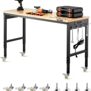 VEVOR Banco de Trabajo Ajustable de 60 Pulgadas, Capacidad Carga de 2000 LB, con Toma de Corriente, Ruedas y Tablero Perforado, Mesa de Trabajo Resistente con Cubierta de Madera de Roble para Garaje
