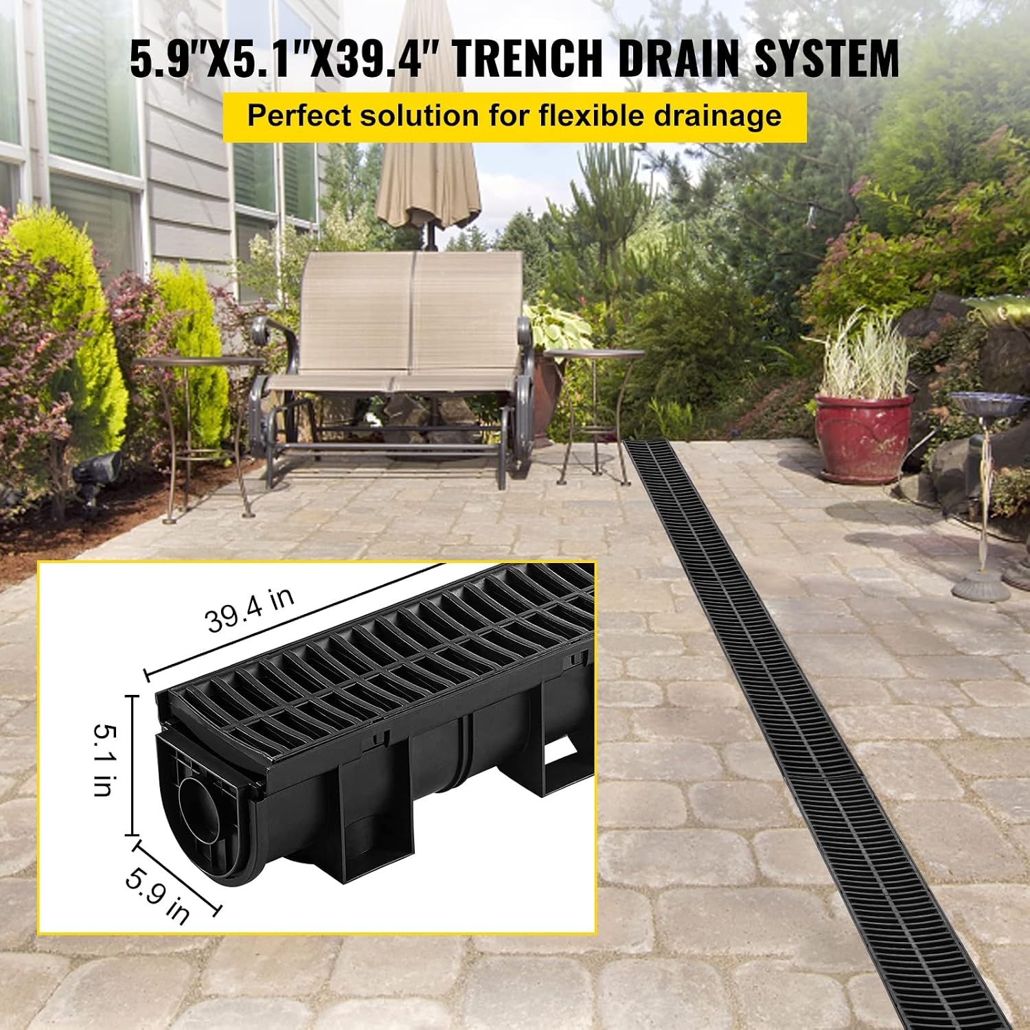 VEVOR Trench Drain System, Channel Drain with Plastic Grate, 5.9x5.1-Inch HDPE Drainage Trench, Black Plastic Garage Floor Drain, 6x39 Trench Drain Grate, with 6 End Caps, for Garden, Driveway-6 Pack 3 VEVOR Trench Drain System, Channel Drain with Plastic Grate, 5.9x5.1-Inch HDPE Drainage Trench, Black Plastic Garage Floor Drain, 6x39 Trench Drain Grate, with 6 End Caps, for Garden, Driveway-6 Pack – Vista 3