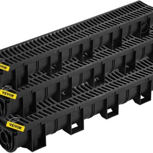 VEVOR Trench Drain System, Channel Drain with Plastic Grate, 5.9x5.1-Inch HDPE Drainage Trench, Black Plastic Garage Floor Drain, 6x39 Trench Drain Grate, with 6 End Caps, for Garden, Driveway-6 Pack
