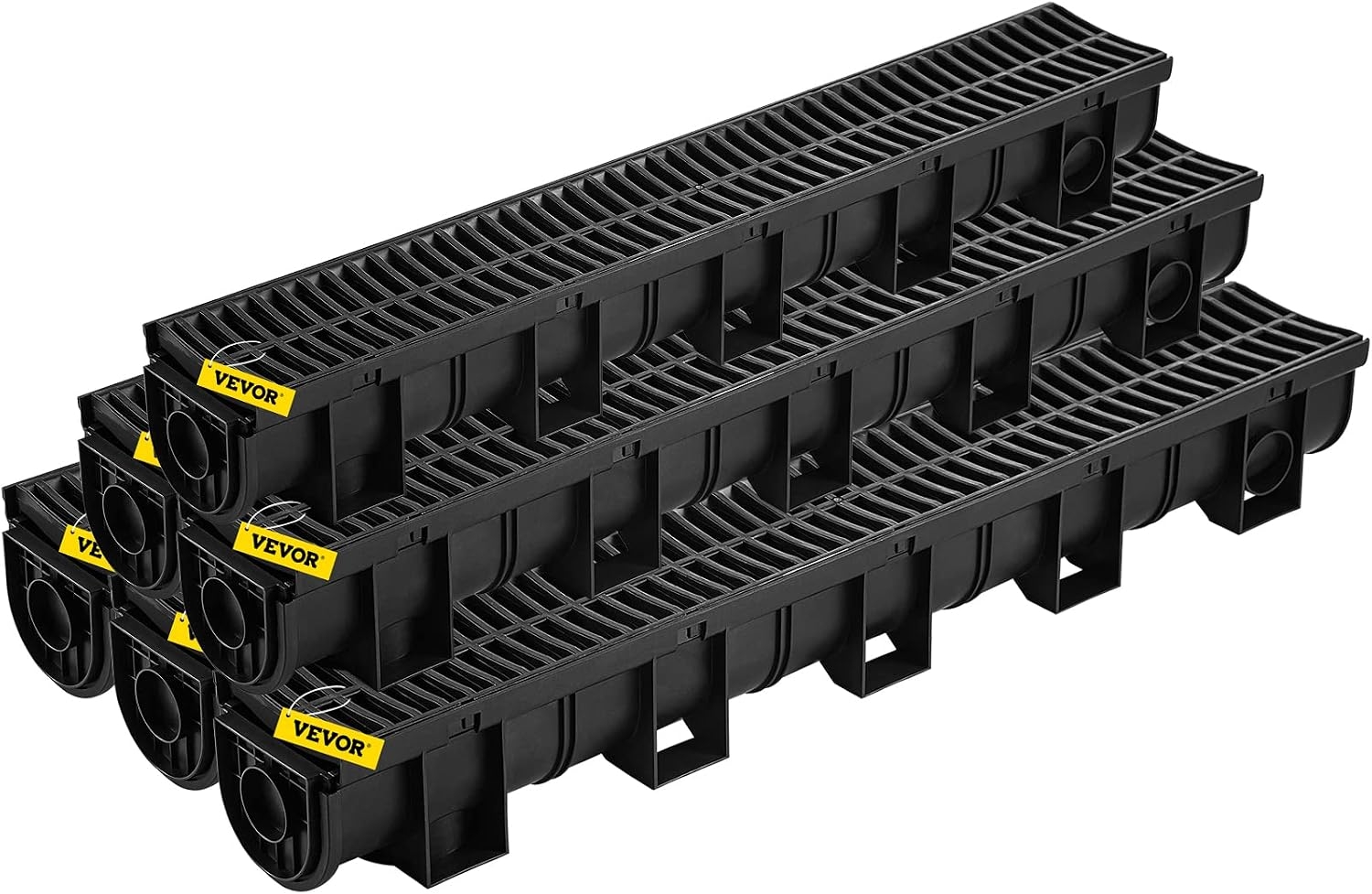 VEVOR Trench Drain System, Channel Drain with Plastic Grate, 5.9x5.1-Inch HDPE Drainage Trench, Black Plastic Garage Floor Drain, 6x39 Trench Drain Grate, with 6 End Caps, for Garden, Driveway-6 Pack 1 VEVOR Trench Drain System, Channel Drain with Plastic Grate, 5.9x5.1-Inch HDPE Drainage Trench, Black Plastic Garage Floor Drain, 6x39 Trench Drain Grate, with 6 End Caps, for Garden, Driveway-6 Pack