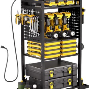 VEVOR Carrito Organizador de Herramientas de 4 Niveles con estación de Carga, 8 Tomas de CA, Soporte para Taladro con Ruedas y Soporte para batería de Herramientas con Ruedas, para Taller o Garaje