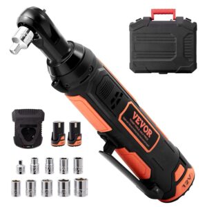 Vevor Juego de Llaves de Trinquete Eléctricas Inalámbricas de 3/8", 12 V, 33 Pies-lb, Carga Rápida en 45 Min, Paquete de 2 Baterías de 2 Ah, Luz LED Integrada, Gatillo de Velocidad Variable