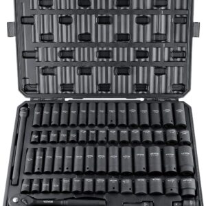 VEVOR Juego de llaves de impacto de 1/2 pulgadas, 65 piezas SAE de 3/8 a 1-1/4 pulgadas y métrico de 10-24 mm, acero de aleación Cr-V de 6 puntos para reparación automática, marcas de tamaño fáciles