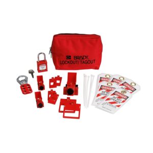 BRADY - Kit de loto eléctrico con bloqueo de interruptores. Bloqueo de circuito de 120/277 V a 480/600 V. El juego incluye 1 candado de seguridad rojo, cerrojo, etiquetas. Dispositivos para repuesto