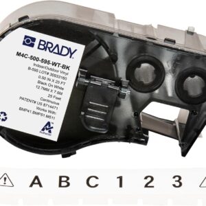 Brady Authentic (M4C-500-595-WT-BK) Etiquetas de vinilo para todo tipo de clima, 0.5 pulgadas de ancho x 25 pies, negro sobre blanco. Para uso con impresoras de etiquetas BMP41, BMP51, M410, M510 y