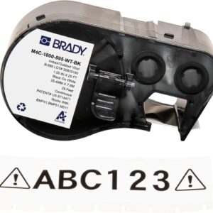 Brady Authentic (M4C-1000-595-WT-BK) Etiquetas de vinilo para todo tipo de clima, 1 pulgada de ancho x 25 pies, negro sobre blanco. Para uso con impresoras de etiquetas BMP41, BMP51, M410, M510 y