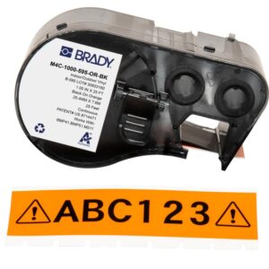Brady Authentic (M4C-1000-595-OR-BK) Etiquetas de vinilo para todo tipo de clima, 1 pulgada de ancho x 25 pies, negro sobre naranja. Para uso con impresoras de etiquetas The BMP41, BMP51 y M511