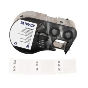 Brady Authentic (M4-143-427) Etiquetas de vinilo autolaminadas alrededor de 1.25 pulgadas de alto x 1 pulgada de ancho, negro sobre blanco, transparente, 200 etiquetas. Para uso con impresoras de