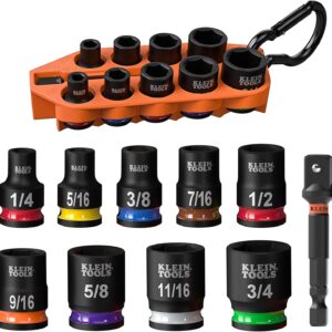 Klein Tools 33809 Grab-And-Go Impact Socket Set, SAE, juego de 10 piezas con manga, mosquetón y unidad de 3/8 pulgadas, codificación por colores de 1/4, 5/16, 3/8, 7/16, 1/2, 9/16, 5/8, 11/16 y 3/4