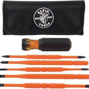 Klein Tools - Juego de desarmadores intercambiables con aislamiento 8 en 1. Mango con aislamiento, 5 barras intercambiables con aislamiento y un estuche de transporte Mod. 32288