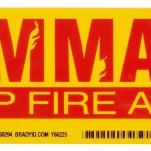 Brady 60294 3-1/2" Height, 12" Width, B-302 High Performance Polyester, Red On Yellow Color Cabinet Labels, Legend "Flammable Keep Fire Away"