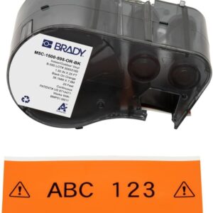 Brady Authentic (M5C-1500-595-OR-BK) Etiquetas de vinilo para todo tipo de clima, 1.5 pulgadas de ancho x 25 pies, negro sobre naranja. Para uso con impresoras de etiquetas BMP51, M510 y M511.