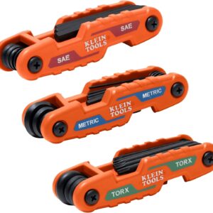 Klein Tools 70543 Juego de llaves hexagonales plegables compactas de 3 piezas, métricas, SAE, tamaños Torx, 25 llaves, acero de aleación tratado térmicamente de resistencia industrial