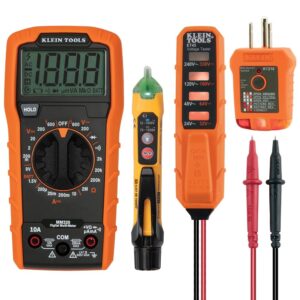 Klein Tools - Kit de prueba eléctrica de multímetro digital, probador de voltaje sin contacto, probador de tomacorrientes GFCI y probador de voltaje electrónico.MM320KIT , Negro/Naranaja/Amarillo