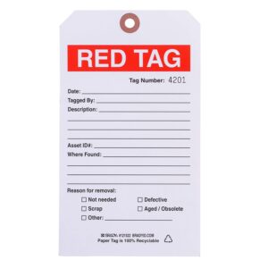 Brady 121522 7" Height x 4" Width, Cardstock, Black/Red on White Red Tag (100 Tags)