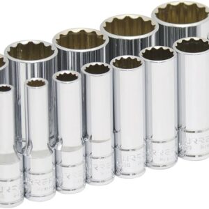 Urrea 52112 Juego de dados largos cuadro de 3/8", 12 puntas en pulgadas en riel, 13 piezas