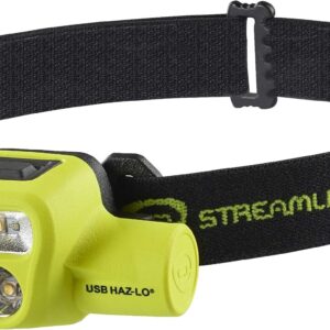 Streamlight 61460 HAZ-LO 250-Lúmenes LED Linterna Frontal Recargable USB 120V CA y 3M Dual Lock con Correas, Amarilla
