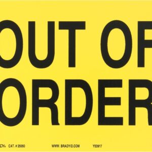 Brady 25050 10" Width x 7" Height B-401 Plastic, Black on Yellow Sign, Legend "Out Of Order"