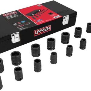 Urrea 7401MC Juego de dados de impacto cuadro de 1/2", métricos en caja, 15 piezas
