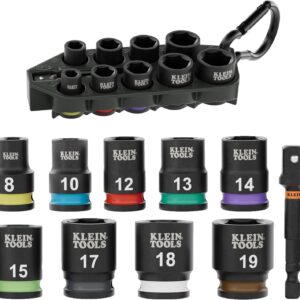Klein Tools 33809M Juego de llaves de impacto Grab-And-Go, sistema métrico, juego de 10 piezas con manga, mosquetón, unidad de 3/8 pulgadas, código por colores de 8 mm, 10 mm, 12 mm, 13 mm, 14 mm, 15