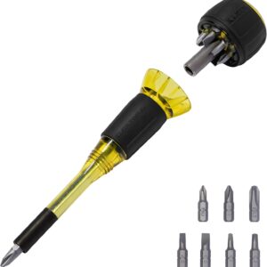 Klein Tools 32961A Destornillador Tru-Grip 8 en 1 con Stubby, Phillips, ranurado, puntas cuadradas, destornillador de tuerca de 1/4 pulgadas, imán de tierras raras, almacenamiento de 6 bits, mango