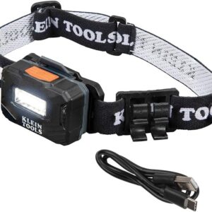 Klein Tools 56049 - Faros delanteros recargables/luces LED, correa de tela ajustable con marcador/soporte para lápiz, 260 lúmenes, para trabajo y exteriores
