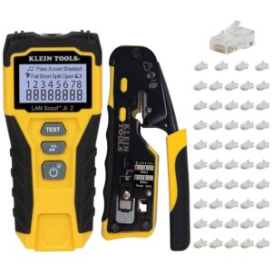 Klein Tools 80072 RJ45 Kit de probador de cables con LAN Scout Jr. 2, crimpadora coaxial, pelacables, herramienta de corte y enchufe de datos modular de paso