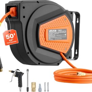 VEVOR Carrete de manguera de aire retráctil, manguera de aire híbrida de 1/4 de pulgada x 50 pies, máx. 300 PSI, carrete de mangueras de compresor de aire cerrado con rebobinado automático