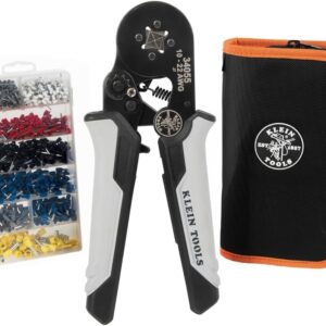 Klein Tools 34060 Juego de herramientas de prensado de virola con alicates cuadrados de carraca, 1200 terminales de cable (10-22 AWG) y estuche de transporte suave para aplicaciones eléctricas