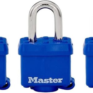 Master Lock 312TRI Juego de Candados Laminados de 40 mm con Cubierta para Intemperie, color Azul, 3 Piezas