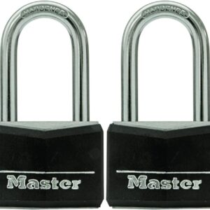 Master Lock Candado de aluminio cubierto de vinilo negro con llave, cerradura similar con llave para cajas de herramientas, armarios de gimnasio o clóset de almacenamiento, paquete de 2, 141TLF