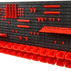 VEVOR Estante de Plástico 30 Cajas de Almacenamiento para Taller Garaje con Paneles de Pared Organizador de Herramientas para Tuercas, Pernos, Tornillos, Clavos, Botones, Piezas Pequeñas, Negro/Rojo