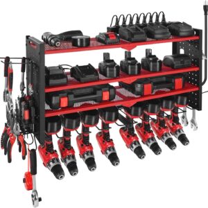 VEVOR Organizador de herramientas eléctricas con estación de carga, soporte para taladros de 4 capas con 8 soportes y tablero perforado lateral, organizador de herramientas para garaje con 8 enchufes