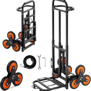 VEVOR Carretilla de Mano Plegable con Asa Telescópica, Carga Máxima 100 kg, Carro Sube Escaleras Marco Resistente de Acero al Carbono con 2 Cuerdas y 6 Ruedas, para Compra Hogar Almacén y Oficina