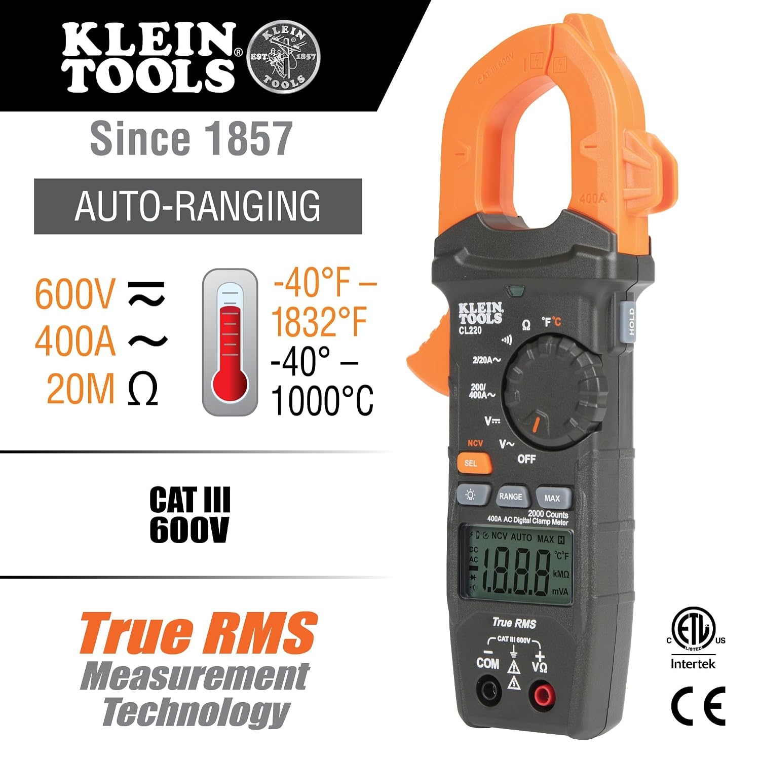 Klein Tools CL220 Digital Clamp Meter, AC Auto-Ranging 400 Amp with Temp 2 Klein Tools CL220 Digital Clamp Meter, AC Auto-Ranging 400 Amp with Temp – Vista 2