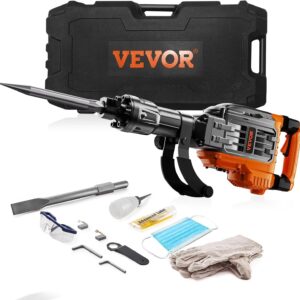 VEVOR Martillo de demolición, martillo de hormigón de 3500 W, martillo eléctrico de alta resistencia de 1900 BPM, 2 cinceles con guantes y mango frontal giratorio de 360 ​​°C para zanjas, negro