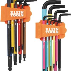 Klein Tools BLS18 Juego de llaves hexagonales con código de colores, SAE y métrico, tratado térmicamente, estilo L, brazo largo y extremo de bola, 1/16 pulgadas a 3/8 pulgadas y 1.5 mm a 10 mm, 18