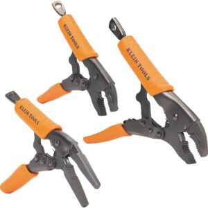 Klein Tools 38665 - Juego de alicates de bloqueo, punta larga de 6 pulgadas, mandíbula curvada de 7 y 10 pulgadas, par alto, puños de topo para sujetar y agarrar 3 piezas