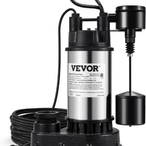 VEVOR Bomba sumergible de hierro fundido y acero de 1,5 CV, bomba de agua sumergible de 6000 GPH con interruptor flotante vertical integrado, para lavabo de agua del sótano y área de inundación