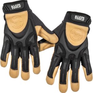 Klein Tools 60189 Guantes de trabajo, de cuero de grado profesional, con protección de nudillos y dedos, refuerzo del pulgar, malla trasera, XL